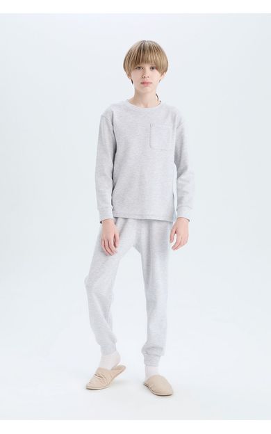 DeFacto Erkek Çocuk Pijama Takımı Waffle Bisiklet Yaka Uzun Kollu Üst Beli Lastikli Uzun Alt