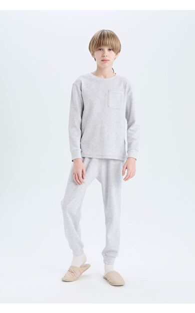 DeFacto Erkek Çocuk Pijama Takımı Waffle Bisiklet Yaka Uzun Kollu Üst Beli Lastikli Uzun Alt