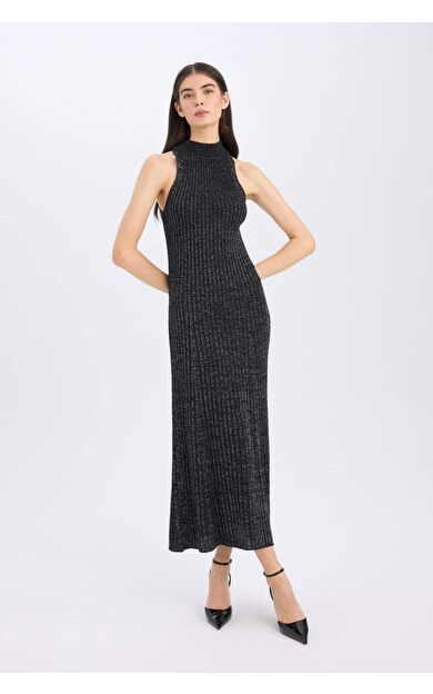 Yılbaşı Temalı A Kesim Yarım Balıkçı Yaka Ribana Kolsuz Maxi Elbise