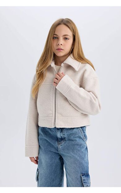 DeFacto Kız Çocuk Polo Yaka Fermuarlı Kısa Kaşe Mont