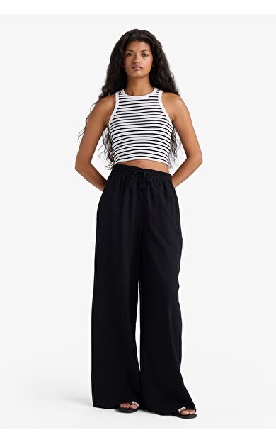 Wide Leg Yüksek Bel Keten Karışımlı Pantolon E0127AX25AUBK81