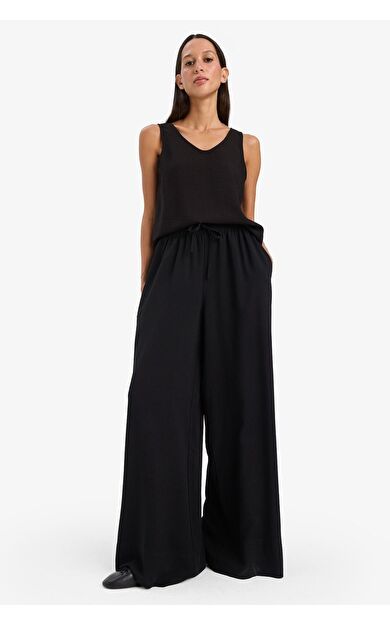 DeFacto Wide Leg Keten Karışımlı Kumaş Pantolon Yüksek Bel Geniş Paça E0127AX25SPBK81