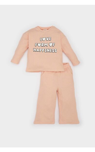 DeFacto Kız Bebek 2'li Takım Waffle Bisiklet Yaka Baskılı Sweatshirt Beli Lastikli Geniş Bol Paça Eşofman Altı