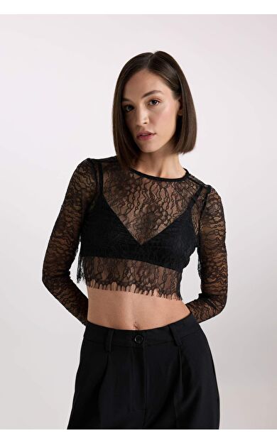 Yılbaşı Temalı Crop Yuvarlak Yaka Dantel Uzun Kollu Bluz