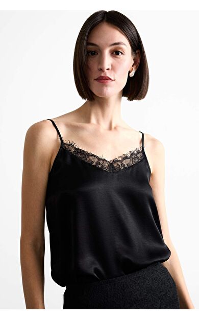 Yılbaşı Temalı Basic Düz V Yaka Saten Askılı Bluz