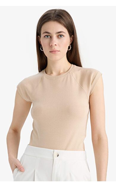 Slim Fit Dar Kesim Bisiklet Yaka Basic Düz Ribana Kısa Kollu Tişört