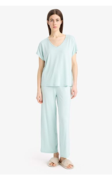 Fall in Love Pijama Takımı Viskon Kısa Kollu  Pijama Üstü Esnek Belli Uzun Pijama Altı