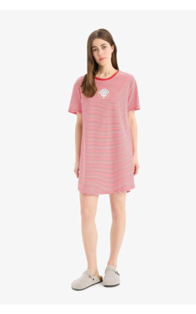 Fall in Love Çizgili Bisiklet Yaka Kısa Kollu Gecelik