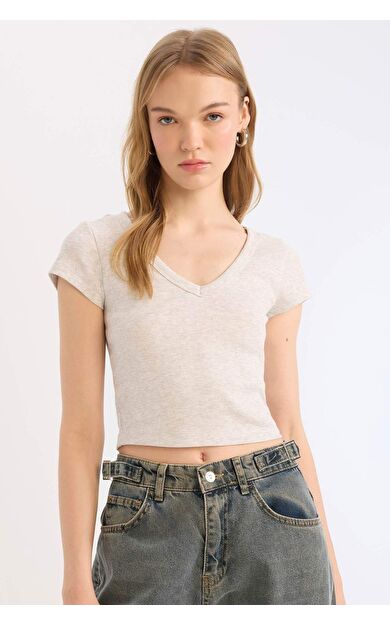 Coool V Yaka Fitted Fitilli Kaşkorse Kısa Kollu Tişört E0290AX25SMGR210