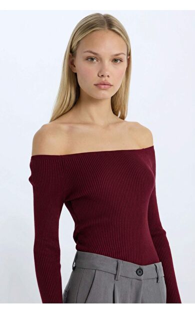 DeFacto Fitted Açık Omuz Basic Düz Bordo Triko Kazak