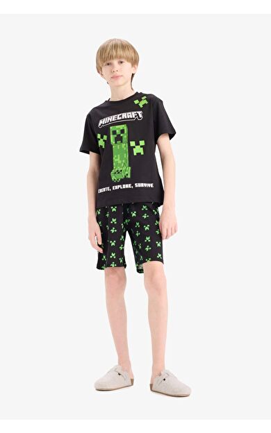 DeFacto Erkek Çocuk Minecraft Pijama Takımı Kısa Kollu Üst Beli Lastikli Şort