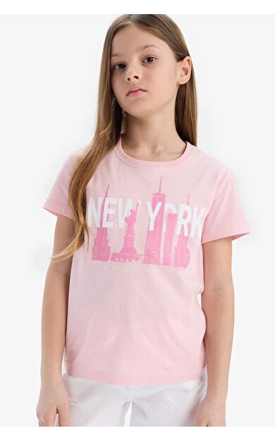 DeFacto Kız Çocuk Bisiklet Yaka Baskılı Kısa Kollu Tişört E0349A825SMPN47