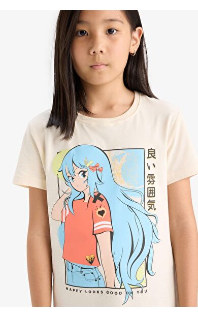 DeFacto Kız Çocuk Bisiklet Yaka Anime Baskılı Kısa Kollu Tişört E0350A825SMER233