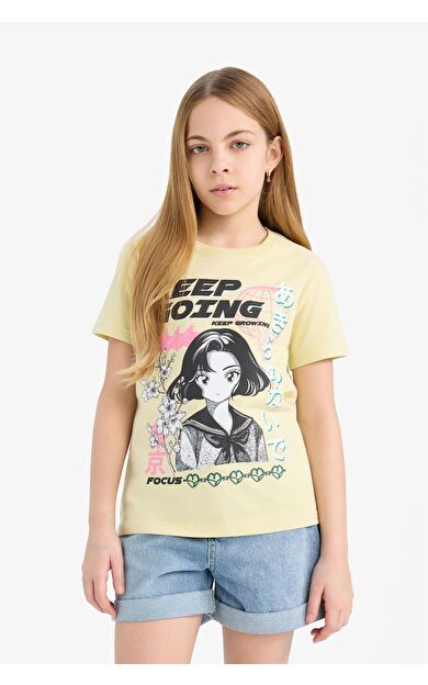 DeFacto Kız Çocuk Regular Fit Bisiklet Yaka Anime Baskılı Kısa Kollu Tişört E0350A825SMGN654