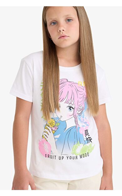 DeFacto Kız Çocuk Bisiklet Yaka Anime Baskılı Kısa Kollu Tişört E0350A825SMWT34