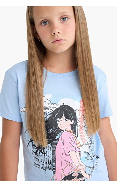 DeFacto Kız Çocuk Bisiklet Yaka Anime Baskılı Kısa Kollu Tişört E0351A825SMBE745