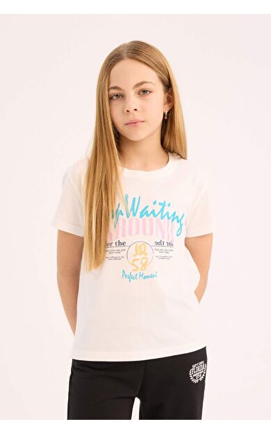 DeFacto Kız Çocuk Bisiklet Yaka Baskılı Kısa Kollu Tişört E0351A825SMWT34