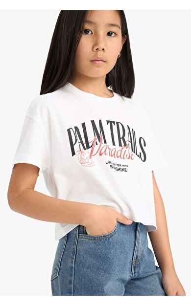 DeFacto Kız Çocuk Bisiklet Yaka Baskılı Kısa Kollu Tişört E0352A825SMWT34