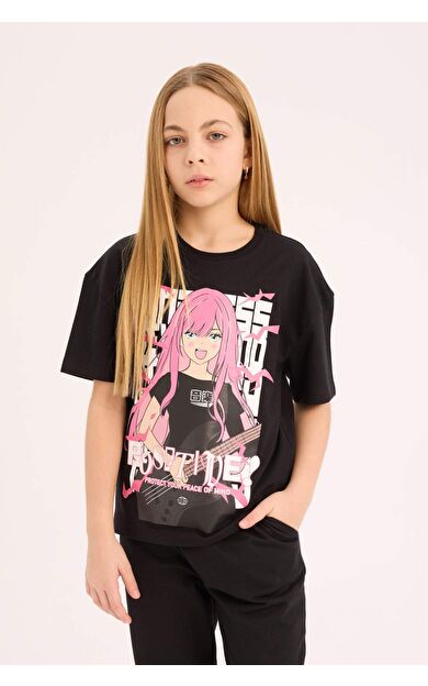 DeFacto Kız Çocuk Relax Fit Bisiklet Yaka Baskılı Kısa Kollu Tişört E0353A825SMBK81