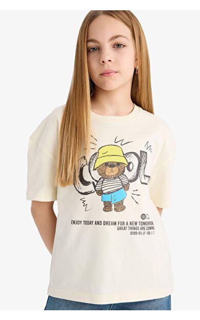 DeFacto Kız Çocuk Relax Fit Bisiklet Yaka Baskılı Kısa Kollu Tişört E0353A825SMER235