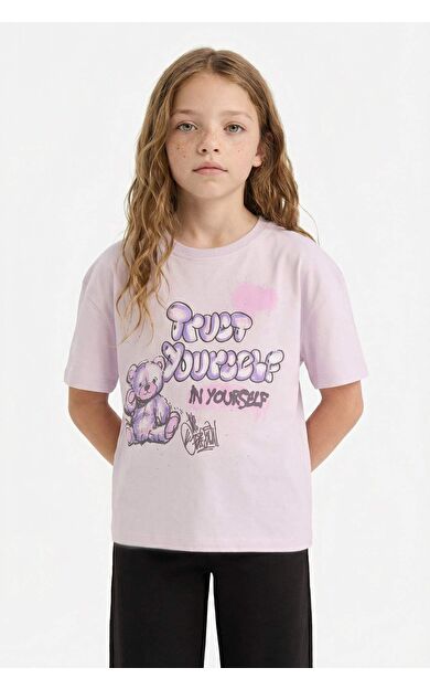 DeFacto Kız Çocuk Relax Fit Bisiklet Yaka Baskılı Kısa Kollu Tişört E0353A825SMPN425