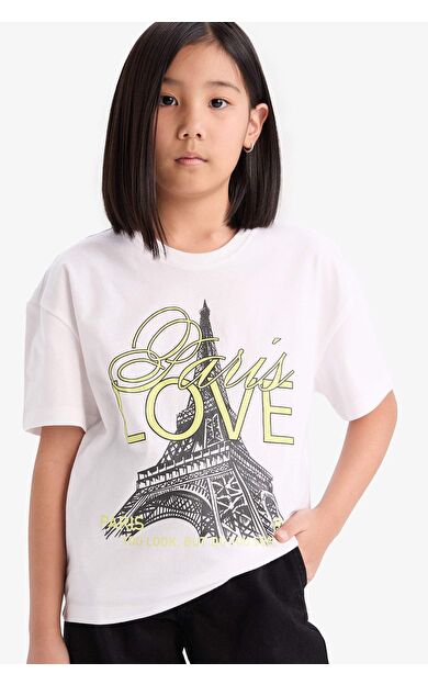 DeFacto Kız Çocuk Relax Fit Bisiklet Yaka Baskılı Kısa Kollu Tişört E0353A825SMWT34