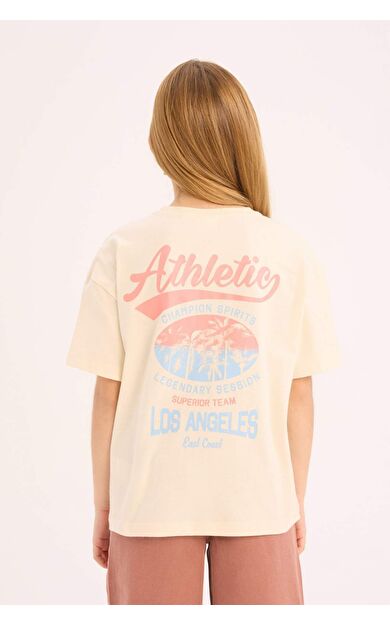 DeFacto Kız Çocuk Relax Fit Bisiklet Yaka Srt Baskılı Kısa Kollu Tişört