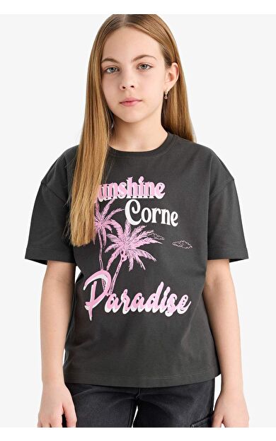 DeFacto Kız Çocuk Relax Fit Bisiklet Yaka Slogan Baskılı Kısa Kollu Tişört E0355A825SMAR211