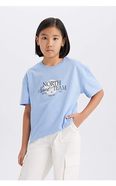 DeFacto Kız Çocuk Relax Fit Bisiklet Yaka Baskılı Kısa Kollu Tişört E0355A825SMBE551