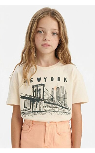 DeFacto Kız Çocuk Relax Fit Bisiklet Yaka Baskılı Kısa Kollu Tişört E0355A825SMER233