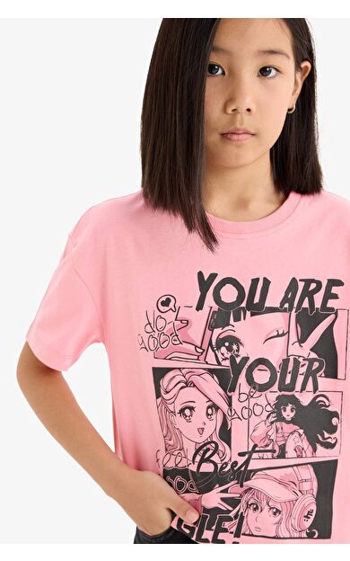 DeFacto Kız Çocuk Relax Fit Bisiklet Yaka Baskılı Kısa Kollu Tişört E0355A825SMPN323