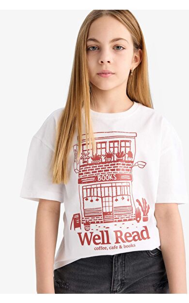 DeFacto Kız Çocuk Relax Fit Bisiklet Yaka Slogan Baskılı Kısa Kollu Tişört E0355A825SMWT34