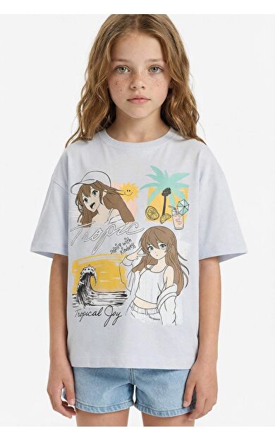 DeFacto Kız Çocuk Oversize Geniş Kalıp Bisiklet Yaka Baskılı Kısa Kollu Tişört E0356A825SMBE823