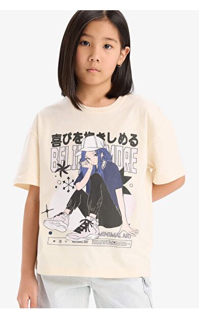 DeFacto Kız Çocuk Oversize Geniş Kalıp Bisiklet Yaka Baskılı Kısa Kollu Tişört E0356A825SMER134