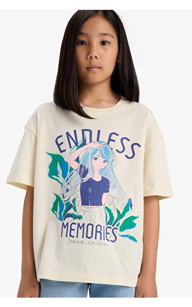 DeFacto Kız Çocuk Oversize Geniş Kalıp Bisiklet Yaka Baskılı Kısa Kollu Tişört E0356A825SMER235