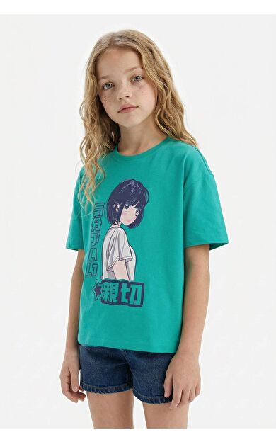 DeFacto Kız Çocuk Oversize Geniş Kalıp Bisiklet Yaka Slogan Baskılı Kısa Kollu Tişört E0356A825SMGN1053