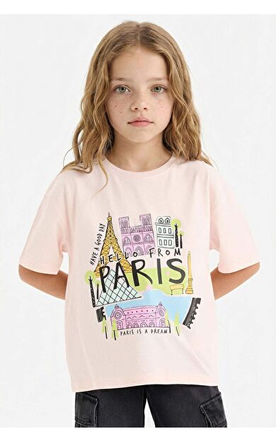 DeFacto Kız Çocuk Oversize Geniş Kalıp Bisiklet Yaka Slogan Baskılı Kısa Kollu Tişört E0356A825SMPN447