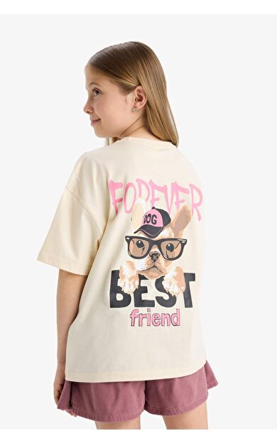 DeFacto Kız Çocuk Oversize Geniş Kalıp Bisiklet Yaka Sırt Baskılı Kısa Kollu Tişört E0357A825SMER134