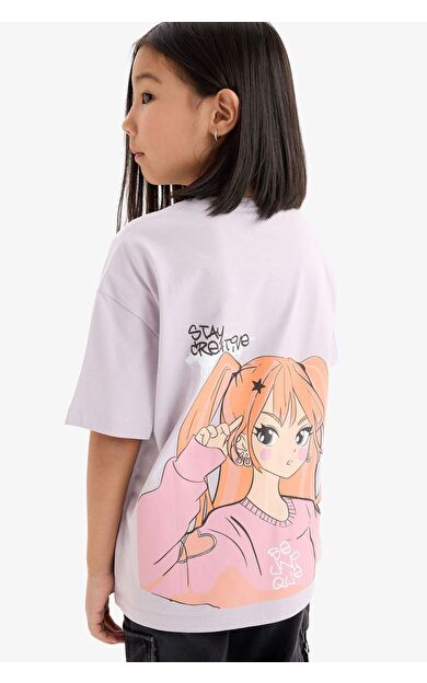 DeFacto Kız Çocuk Oversize Geniş Kalıp Bisiklet Yaka Sırt Baskılı Kısa Kollu Tişört E0357A825SMPR306