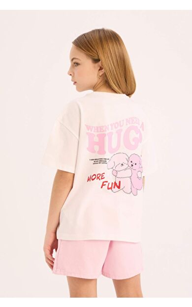 DeFacto Kız Çocuk Oversize Geniş Kalıp Bisiklet Yaka Sırt Baskılı Kısa Kollu Tişört E0357A825SMWT34