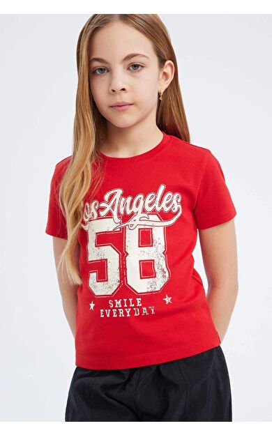 DeFacto Kız Çocuk Slim Fit Dar Kesim Bisiklet Yaka Baskılı Ribana Kısa Kollu Tişört