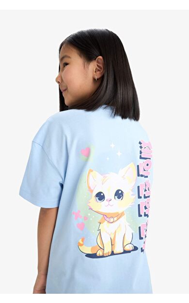 DeFacto Kız Çocuk Oversize Geniş Kalıp Bisiklet Yaka Sırt Baskılı Kısa Kollu Tişört E0367A825SMBE745