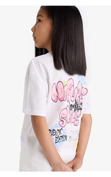 DeFacto Kız Çocuk Oversize Geniş Kalıp Bisiklet Yaka Sırt Baskılı Kısa Kollu Tişört E0367A825SMWT34