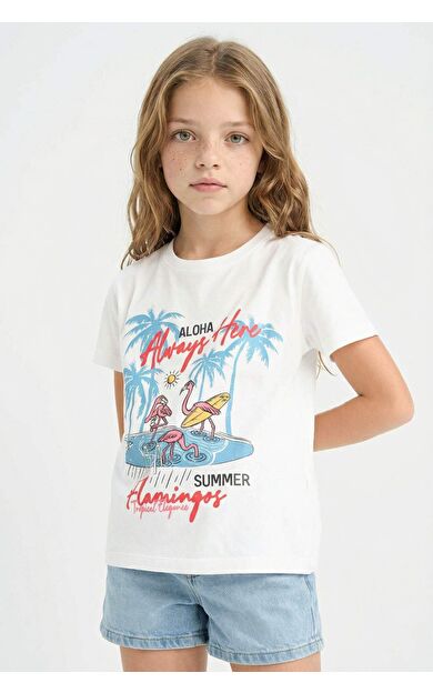DeFacto Kız Çocuk Bisiklet Yaka Baskılı Kısa Kollu Tişört E0383A825SMWT34