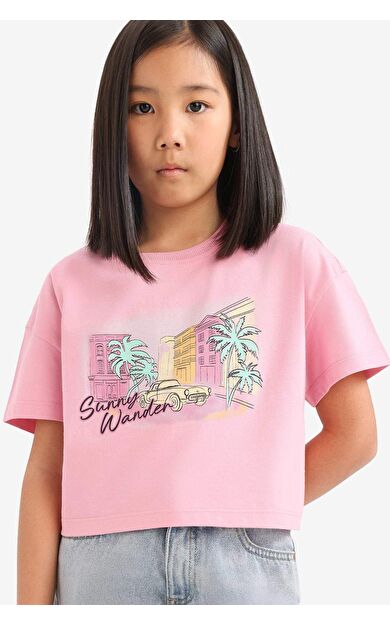 DeFacto Kız Çocuk Bisiklet Yaka Slogan Baskılı Kısa Kollu Tişört E0384A825SMPN666