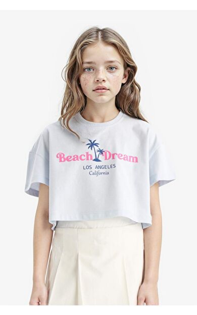 DeFacto Kız Çocuk Crop Bisiklet Yaka Baskılı Kısa Kollu Tişört E0385A825SMBE823