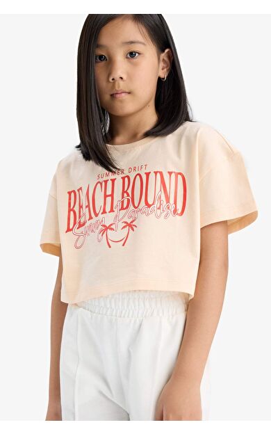 DeFacto Kız Çocuk Full Crop Bisiklet Yaka Kısa Kollu Tişört E0385A825SMOG96