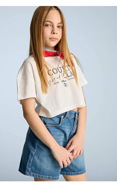 DeFacto Kız Çocuk Crop Bisiklet Yaka Baskılı Kısa Kollu Tişört E0385A825SMWT34