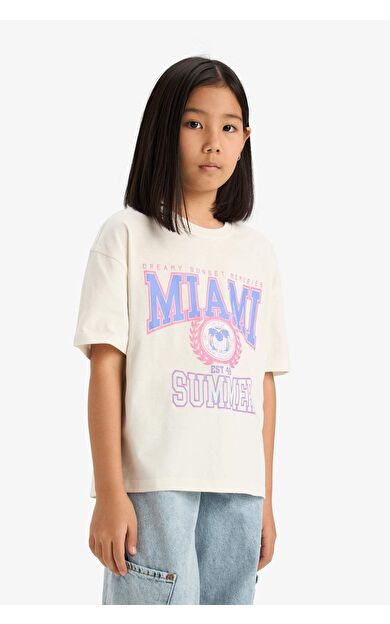 DeFacto Kız Çocuk Oversize Geniş Kalıp Bisiklet Yaka Baskılı Kısa Kollu Tişört E0386A825SMER85