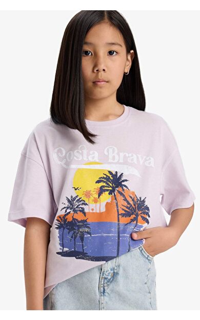 DeFacto Kız Çocuk Oversize Geniş Kalıp Bisiklet Yaka Baskılı Kısa Kollu Tişört E0386A825SMPN425